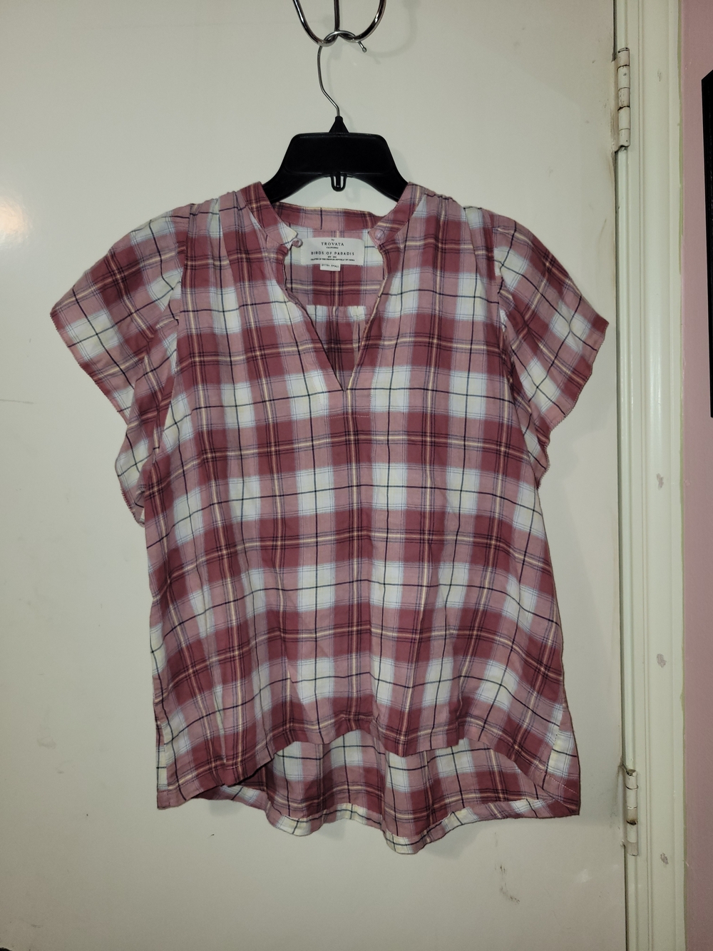 Trovata Birds Of Paradise Mauve and White Plaid Split-Neck Blouse